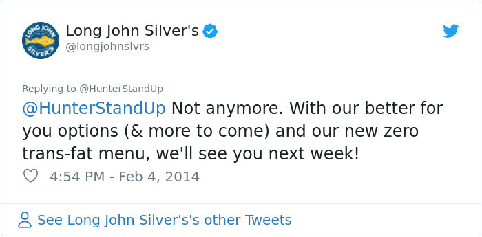 Long john silver's reply.