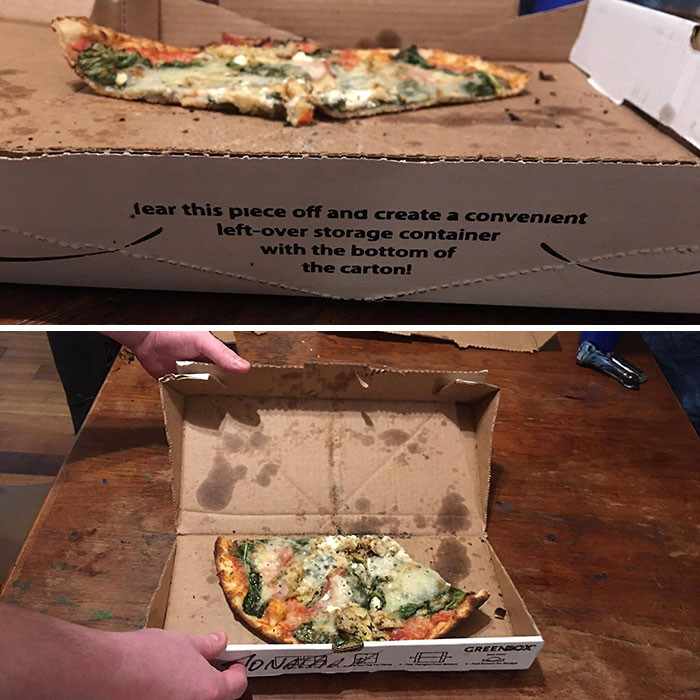 Big pizza box folds down to tiny pizza box