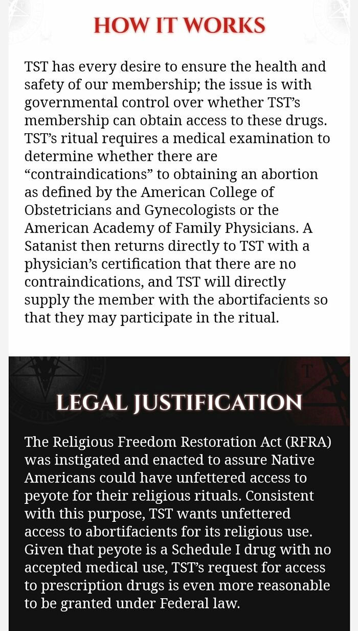 By using Native Americans and the peyote they requested for their rituals as an example, the Temple made a similar request by saying they need abortion pills for their own rituals.