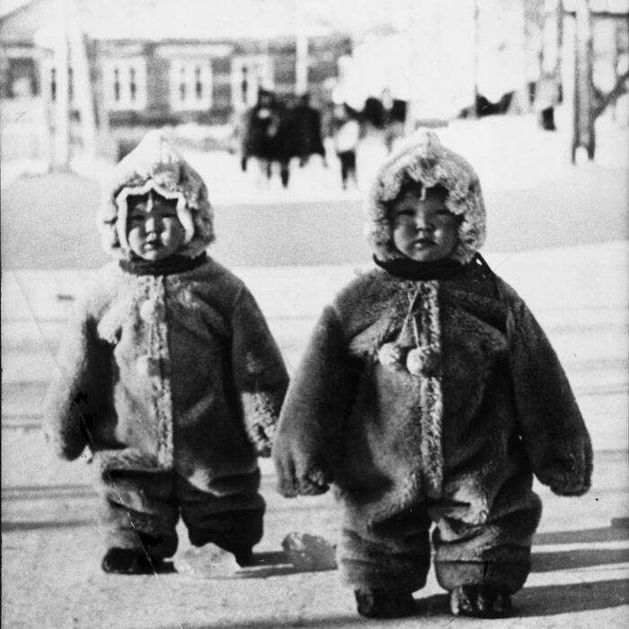 48. Twin Toddlers That Look Like Penguins On A Russian Street, 1968