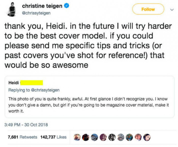 12. That time Chrissy Teigen casually flicked a hater away with a bit of sarcasm