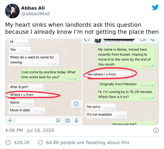 A Twitter user named Abbas Ali posted screenshots of a chat he had with a landlord who had a room for rent