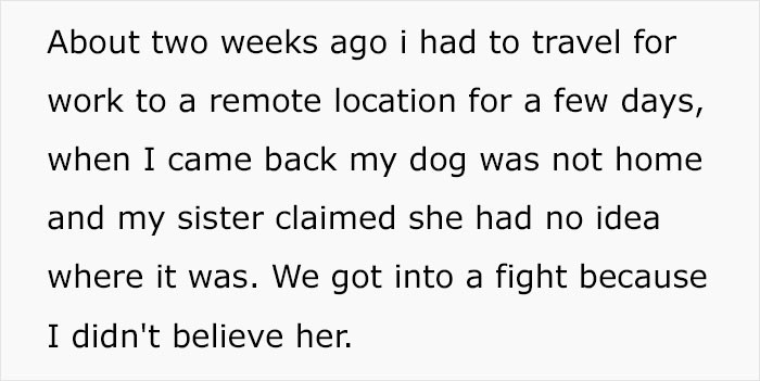 OP had to travel for work. When she got back, the dog was gone.