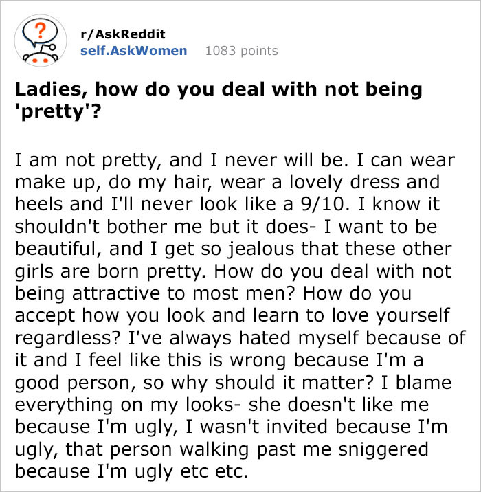 Woman Asks Reddit How To Deal With Being 'Ugly', Veteran Replies Perfectly