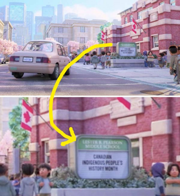 3. When Mei is dropped off at school, you can see that the school has a sign that reads, 