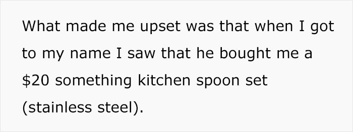 When our OP got to her own name, she discovered her husband had only spent $20 on her gift.