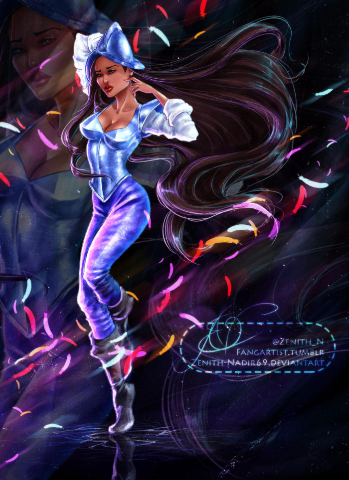 4. Pocahontas donning John Smith's explorer clothes.