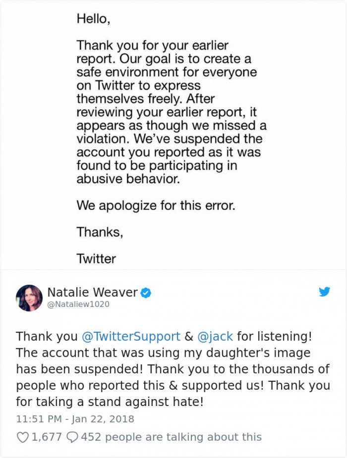 This is the final message she received from Twitter stating their apology and actions taken