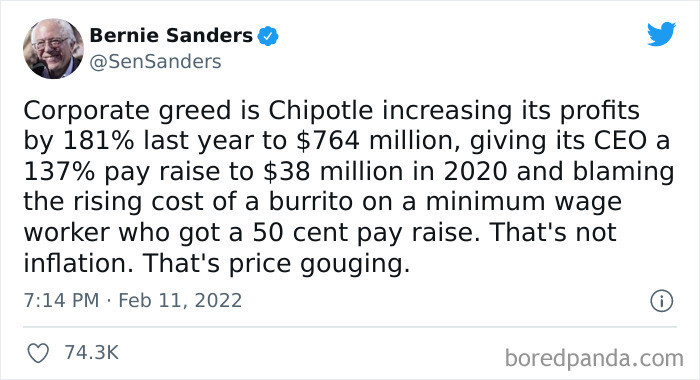 33. Bernie Sanders calls out Chipotle for increasing prices and blaming labor while the CEO's salary went up
