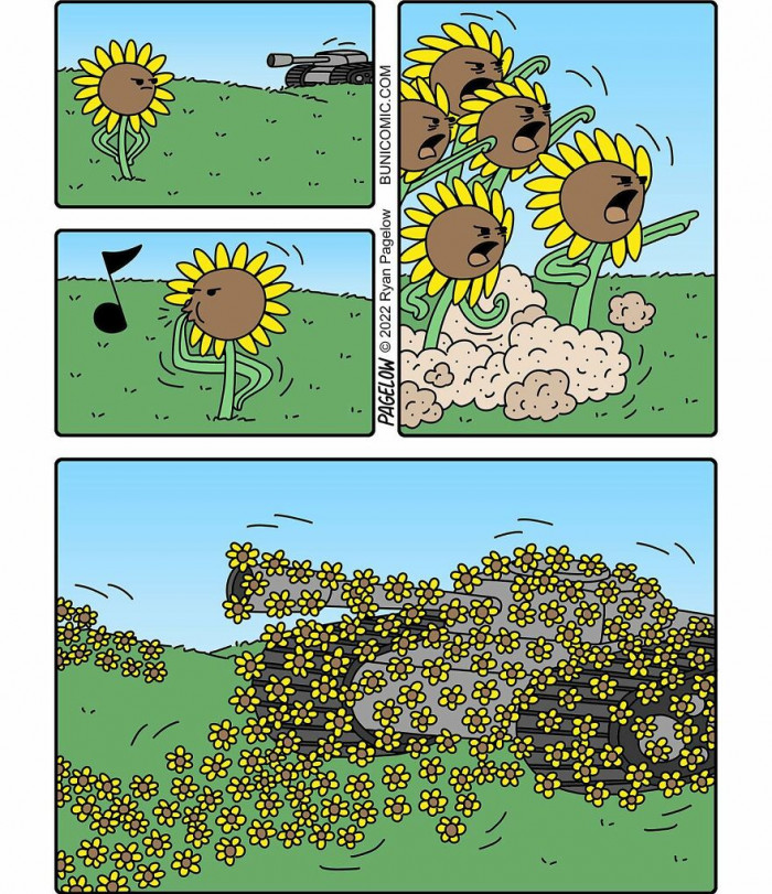 2. The sunflowers represent Ukraine, and the tank represents Russia—get it?