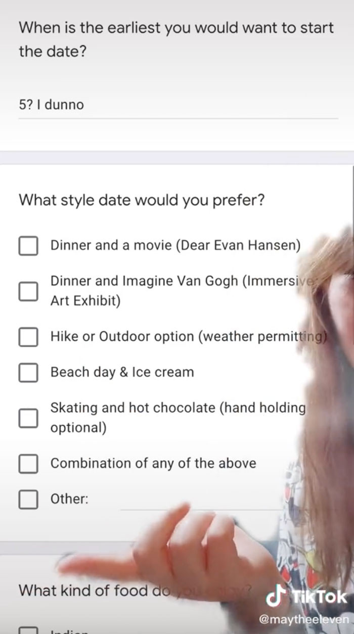 The woman's date did include a plethora of options for this pre-date Google form 