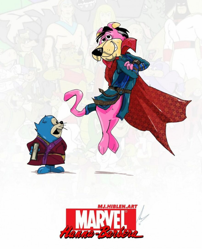 14. Adorable mashup cover photo of Snagglepuss and Benny The Ball as Doctor Strange and Wong