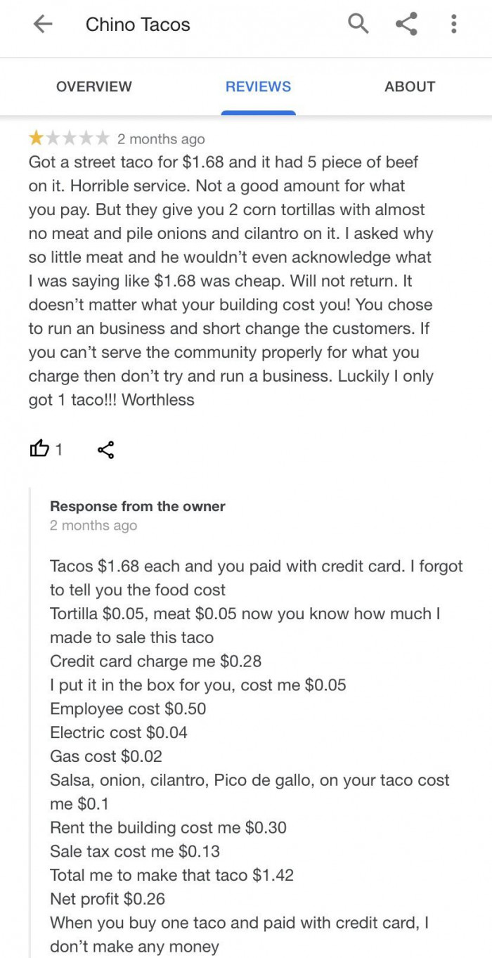 The original review with the owner's epic response.