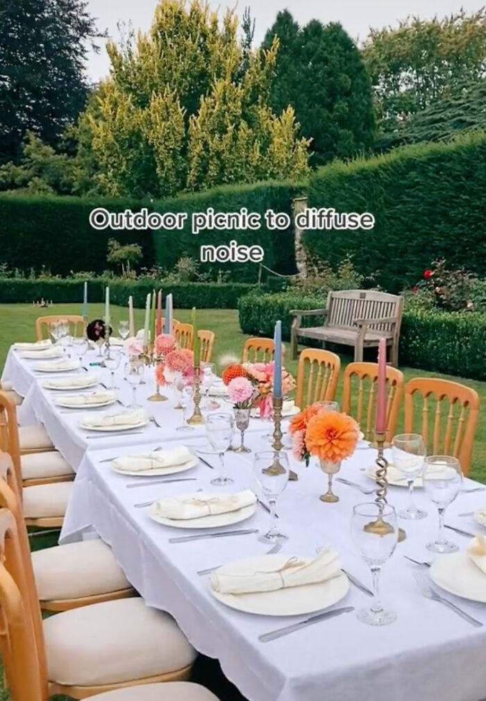 Their reception area was set up as an outdoor picnic to avoid being overwhelmed by too much noise indoors.