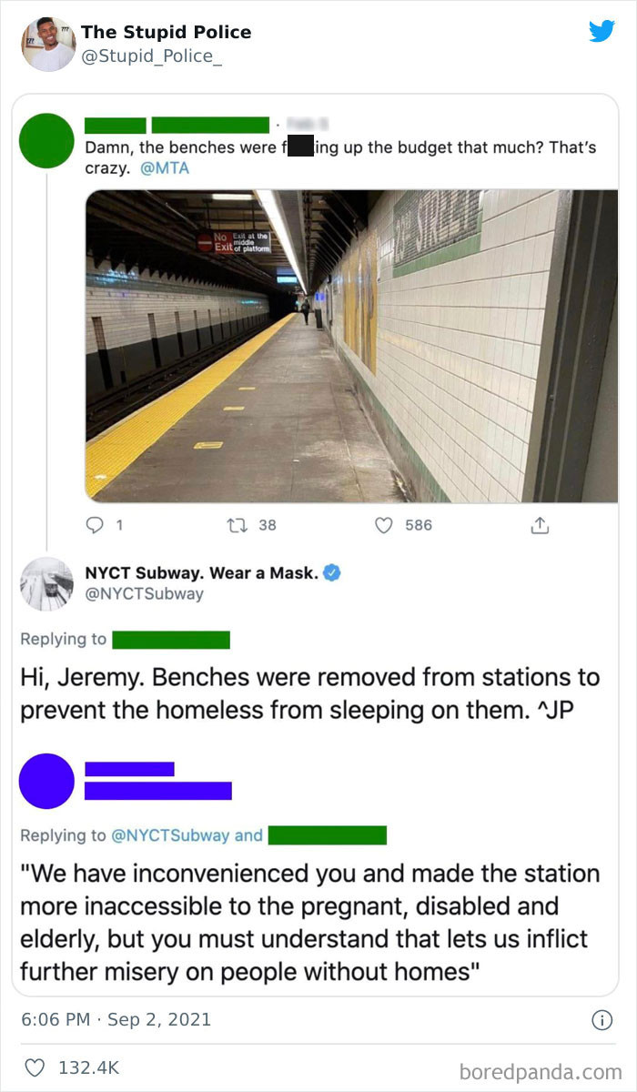 1. Yes, sure just take away the benches to prevent homeless people from sleeping on it.... what?