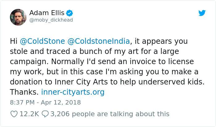 His art was plagiarised and he started telling his story on Twitter and urging Coldstone to make their wrongs, right.