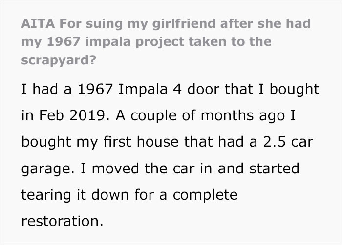 The OP explained how his girlfriend at the time disposed of his meaningful project and how he chose to react.