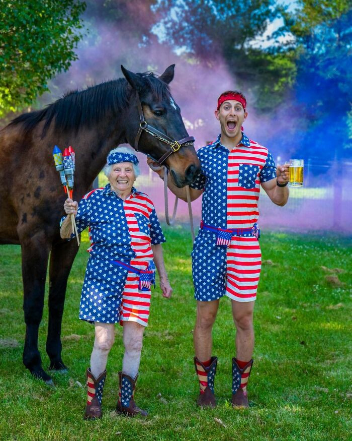 22. They just wanted to wish everyone a happy 4th of July, with a horse in the background.