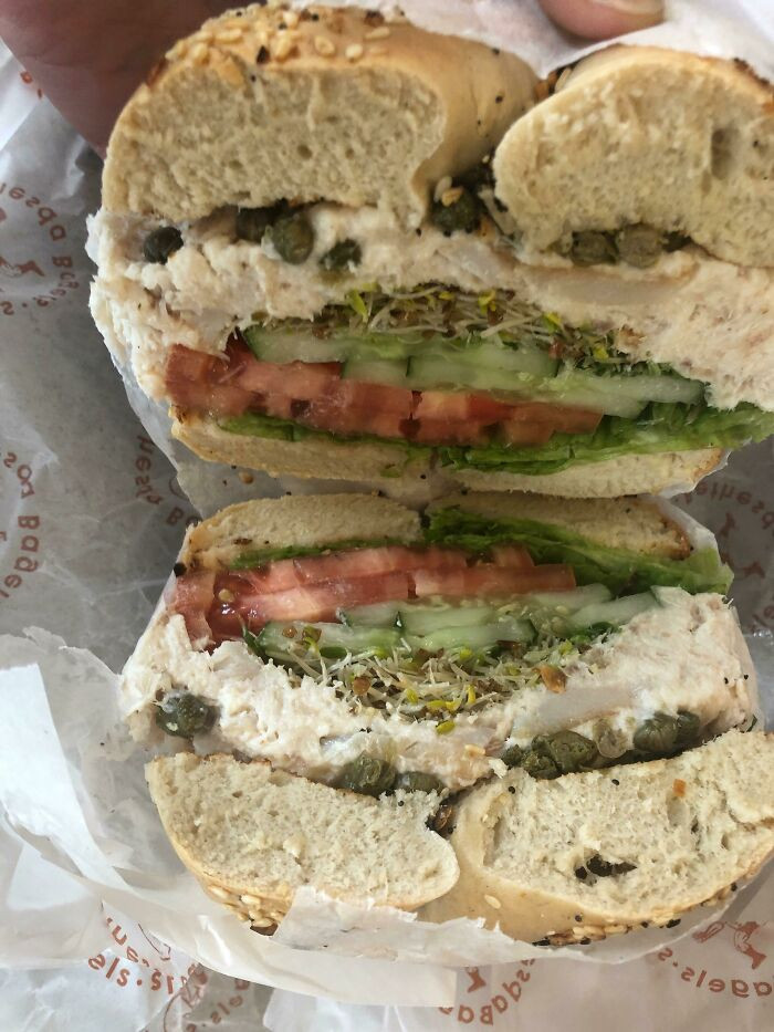 49. Requested extra veggies on my whitefish salad bagel sandwich