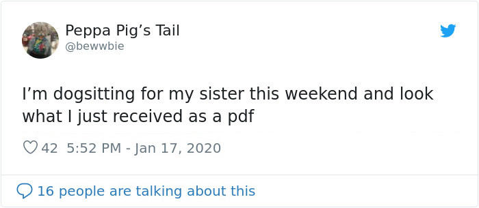 A woman receives an explanatory “A Weekend with Gus” guidebook from her sister before she does some dog-sitting for her