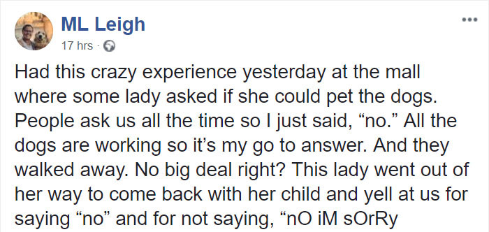 Close view of a service dog handler refusing a child petting request.