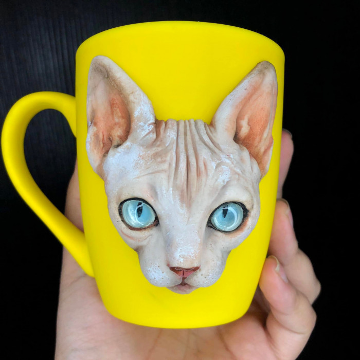 Polymer clay Akita and Saint Bernard mugs, dogs theme with realistic fur details