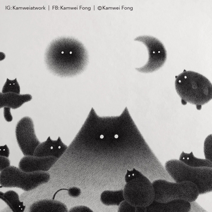 Fong describes the illustrated world as "a fun, peaceful, and wonderful place, a paradise for all kitties to play and live in."