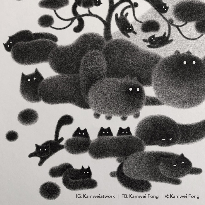 "The artist builds each feline form using innumerable short, thin lines, varying the density of the marks to create volume as well as a palpable sense of furriness."