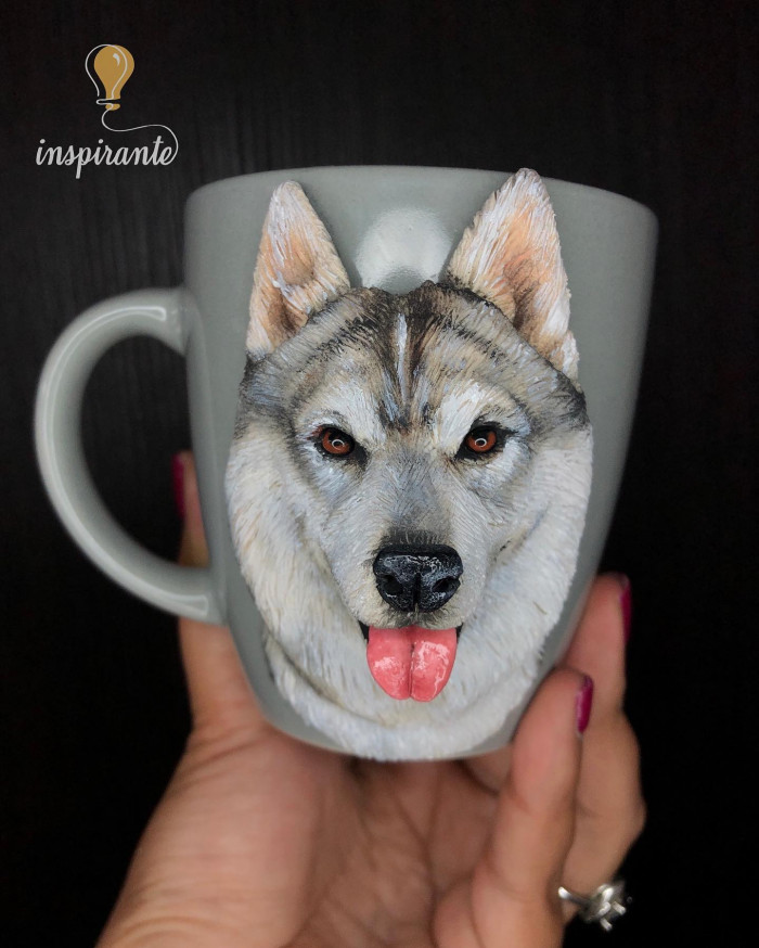 Custom polymer clay pet mugs featuring Husky and Chow Chow, detailed craftsmanship
