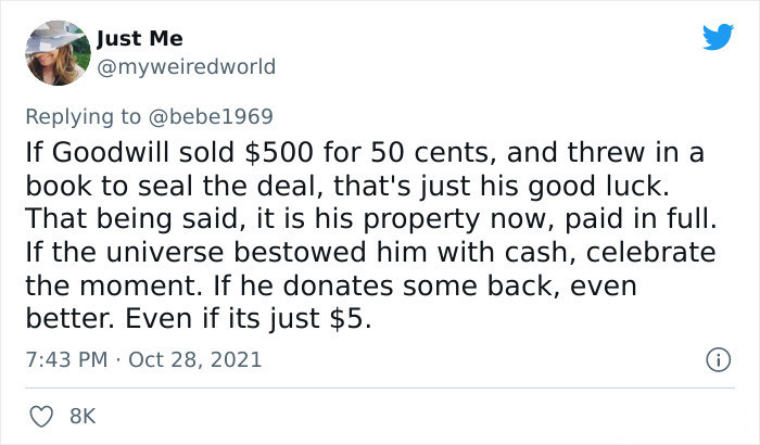 On the other hand, many individuals said that since the OP's son bought the book, it completely permits him to keep the cash he found inside without any guilt.