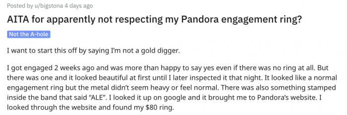 User u/bigstona began by explaining she'd discovered her ring cost $80 and was from Pandora