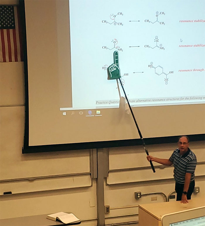 #15 My Professor Doesn't Believe In Laser Pointers So He Uses A Fishing Pole With A Foam Finger Attached And I Can't Contain Myself During A Lecture