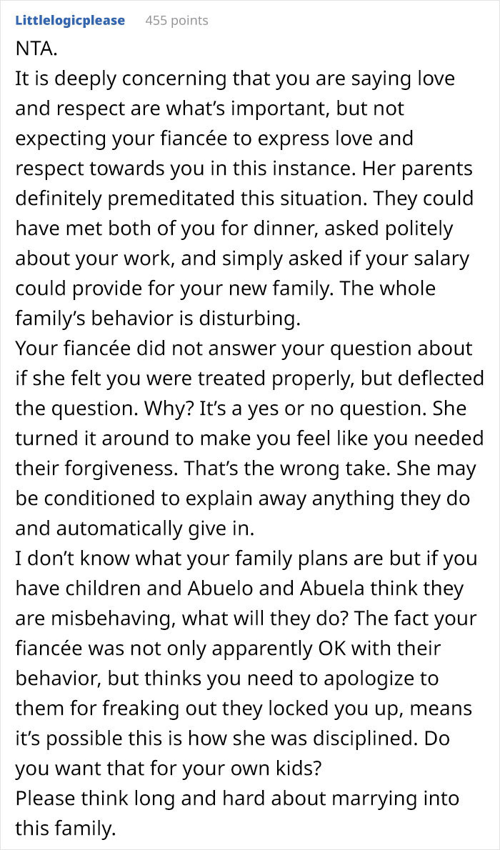 The boy should ask the girl what she would have done in the situation that her parents put the boy in.