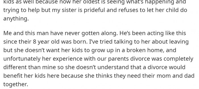 OP’s sister is not considering divorce due to the trauma her parents’ divorce caused her.