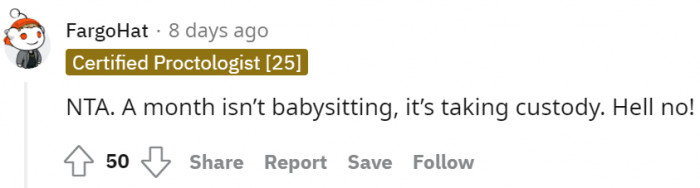 A month-long duration is taking custody, not babysitting!