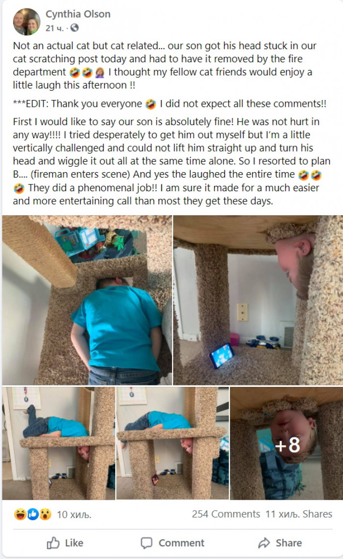 Cynthia Olson from Waukesha County, Wisconsin, shared her son’s mishap with the cat scratching post: