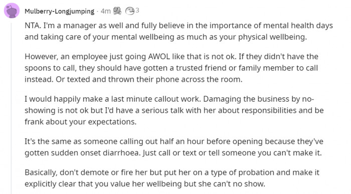 Another manager comments that mental health days are very important, but not calling to inform the owner is unacceptable.