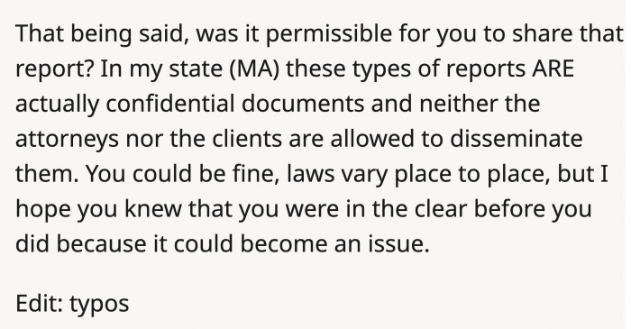 An inquiry if OP had any knowledge of whether he could share the reports (cont.)