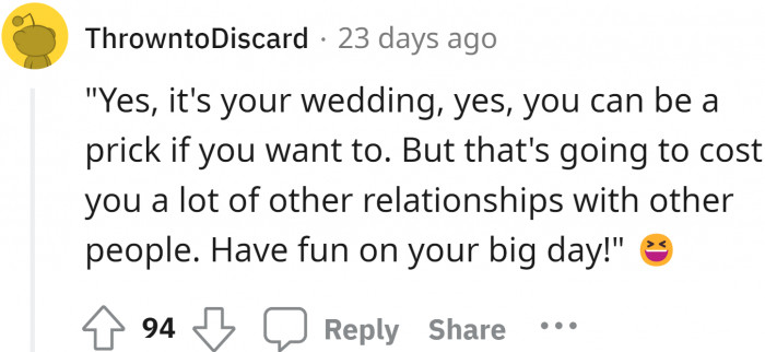 Since it's your big day, you can make as many rules as you want that may offend others, but be prepared to enjoy your wedding alone.