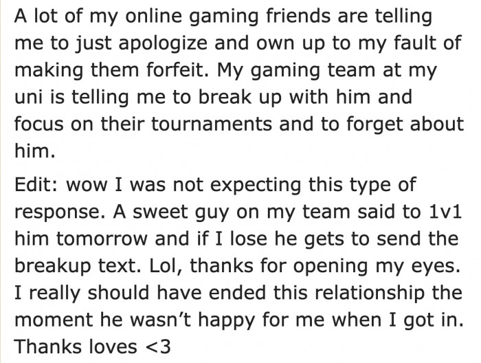 Her gamer friends are split on what she did.