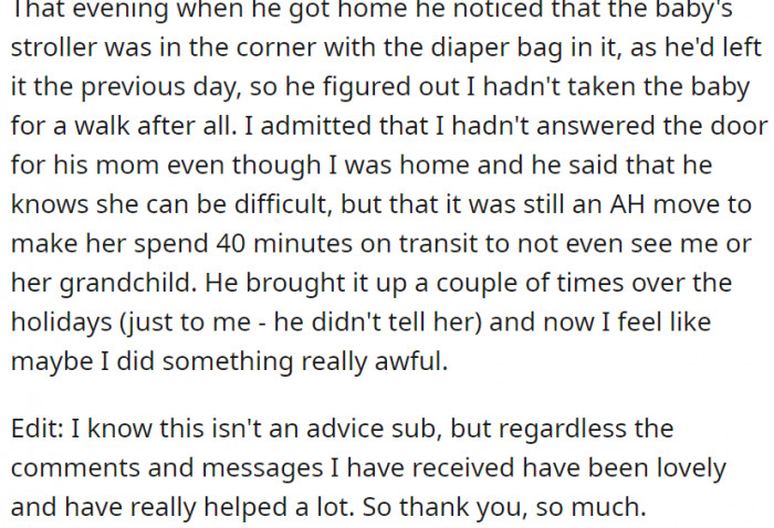 Her husband noticed that she was lying, as their baby's stroller was in the corner along with the diaper bag in the same position it had been in when he left the previous day.