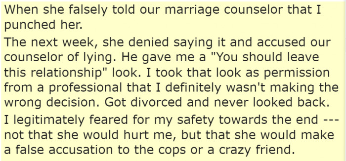 Even the marriage counselor couldn't bear her.