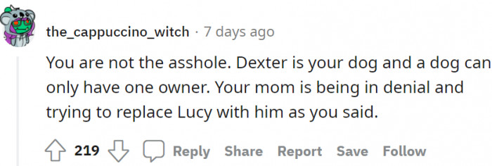 Here are the responses she got. The mom is in denial, and she is trying to replace Lucy with Dexter.