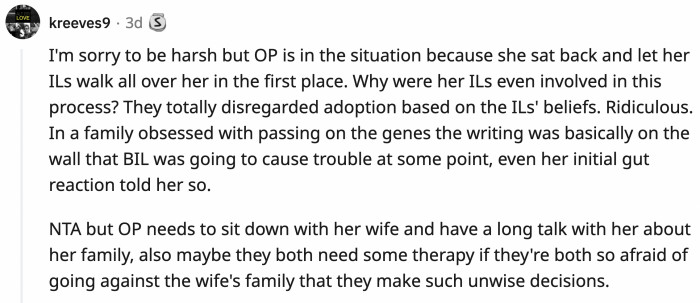 A commenter raised a concern and pointed out several important red flags about the wife's family
