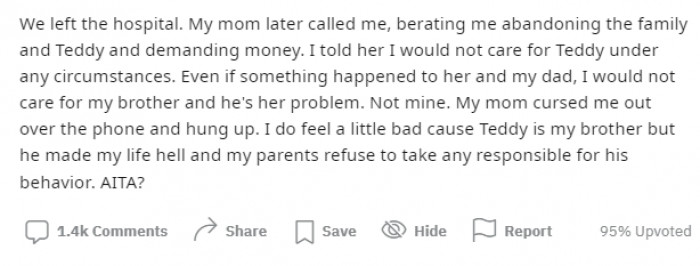 After leaving the hospital, the Redditor's mum later called to curse and berate her for abandoning her family