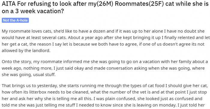 Story of the girl who refused to shelter her roommates cat for three weeks.