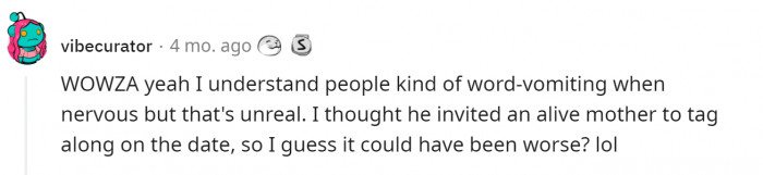 Most people expected a different scenario—a guy who brings his ALIVE mother to a first date. (Which would be just a bit better than this, but not much)