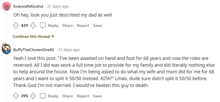 His wife didn't split the tasks when she was the one doing the chores. Expecting her to do half of the tasks while she has a full-time job isn't fair at all.