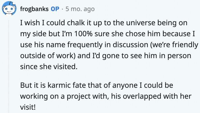 Well, if it wasn’t karma, it’s something more like the stupidity of the MIL