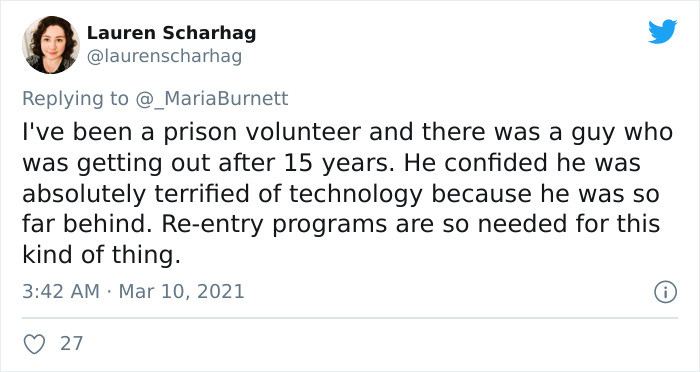 @laurenscharhag brings attention to the necessity of technology training as part of re-entry training for inmates.